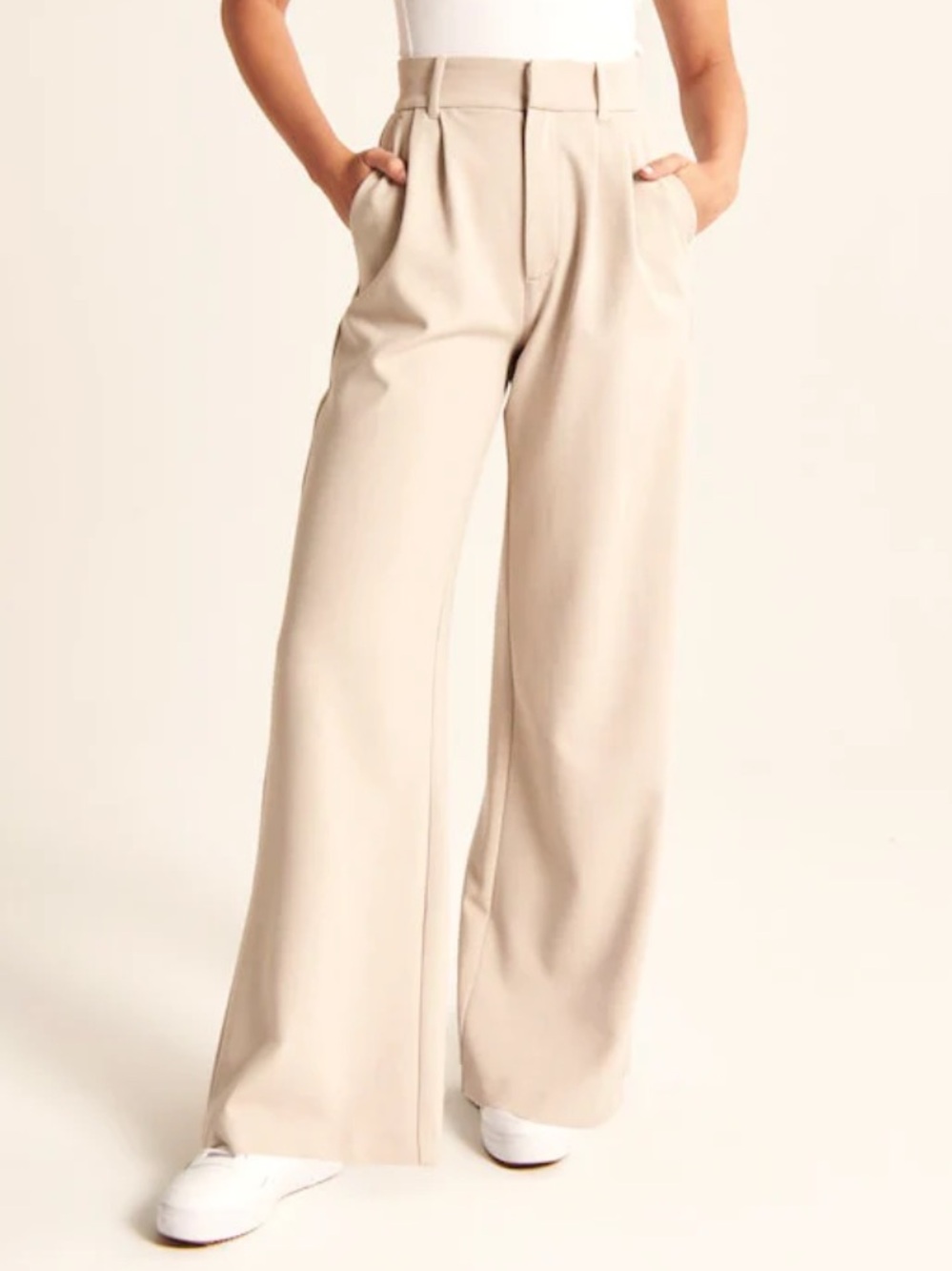 Tailored Wide-Leg High-Rise Pants in Light Beige